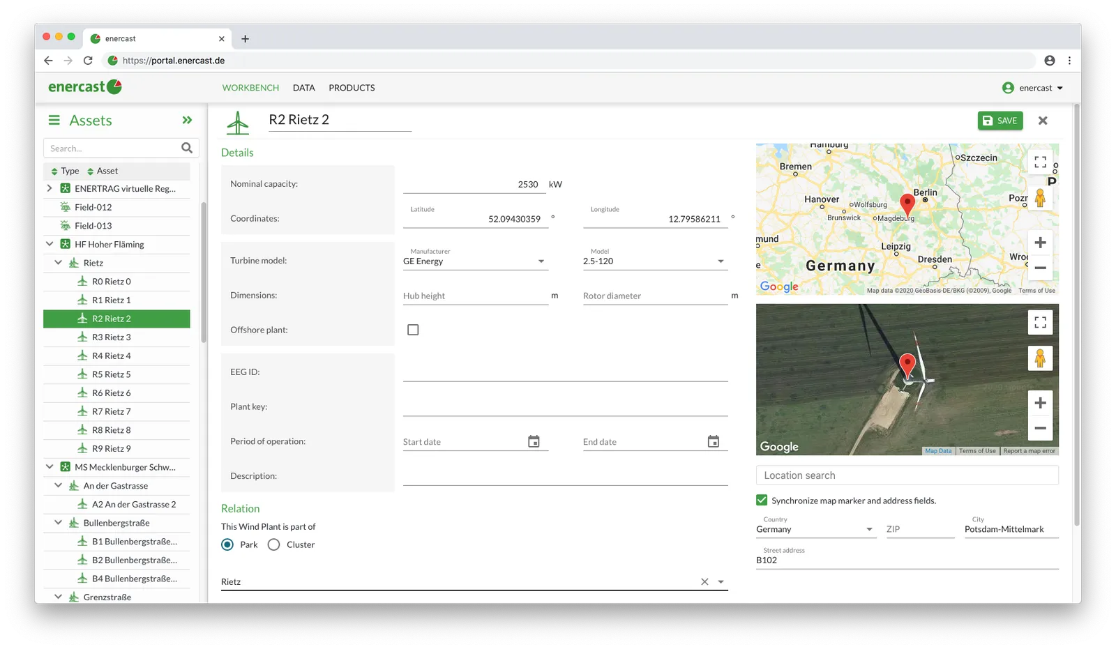 enercast portal asset editor with turbine details and map location
