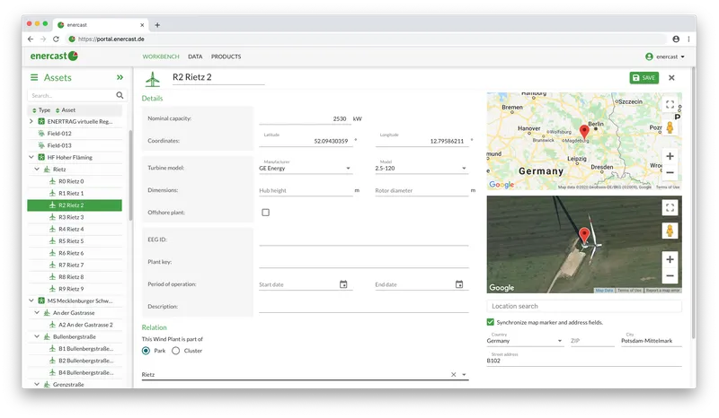 enercast portal asset editor with turbine details and map location