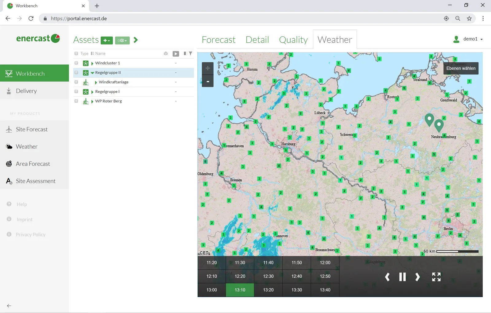 enercast portal weather map with precipitation radar over northern Germany