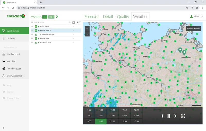 enercast portal weather map with precipitation radar over northern Germany